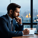 A thoughtful and composed man, Leon, depicted in a modern professional setting. He is fully clothed in a modest, dark business suit, sitting at a sturdy wooden desk. His expression conveys quiet contemplation and inner strength, reflecting a journey of overcoming past challenges. The background is a blurred, softly lit office interior with a large window showing a serene cityscape at dusk, evoking a sense of introspection and calm. Perfect anatomy, correct proportions, natural pose, well-formed hands, proper finger count, natural body proportions. Safe for work, appropriate content, fully clothed, professional dress, modest clothing.