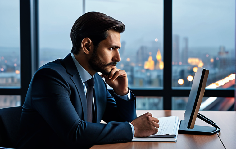 A thoughtful and composed man, Leon, depicted in a modern professional setting. He is fully clothed in a modest, dark business suit, sitting at a sturdy wooden desk. His expression conveys quiet contemplation and inner strength, reflecting a journey of overcoming past challenges. The background is a blurred, softly lit office interior with a large window showing a serene cityscape at dusk, evoking a sense of introspection and calm. Perfect anatomy, correct proportions, natural pose, well-formed hands, proper finger count, natural body proportions. Safe for work, appropriate content, fully clothed, professional dress, modest clothing.